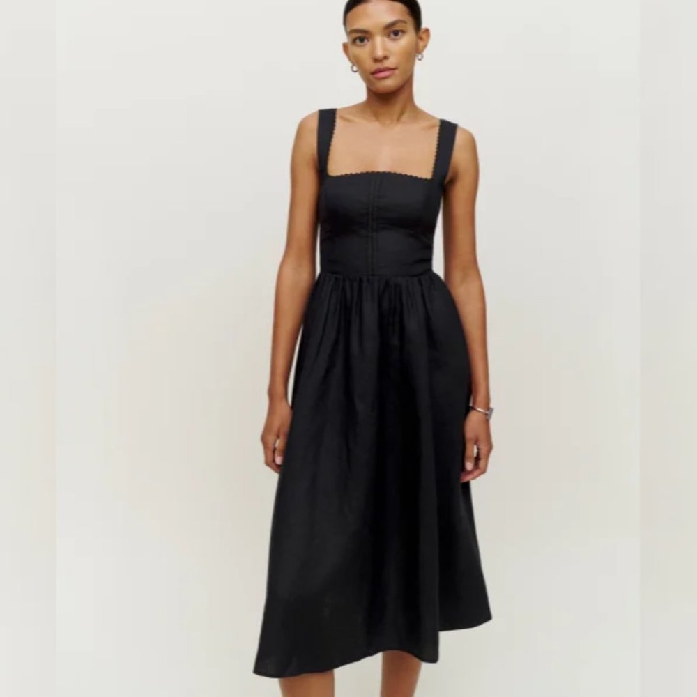 Reformation Tagliatelle Linen Dress in Black Sleeveless Midi